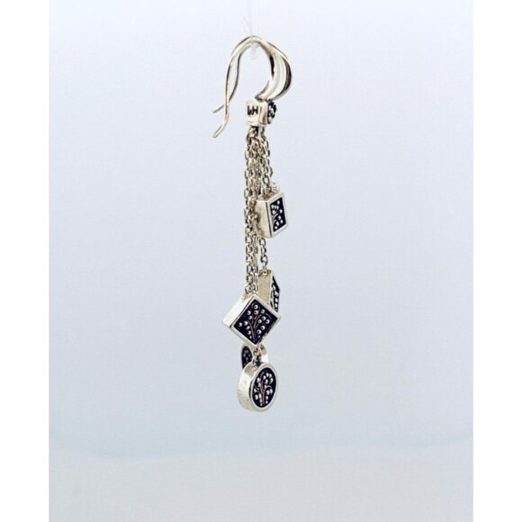 Vintage Sterling Silver Dangle Earrings Black Enamel Geometric Charm Drop 7.2g - Picture 2 of 9